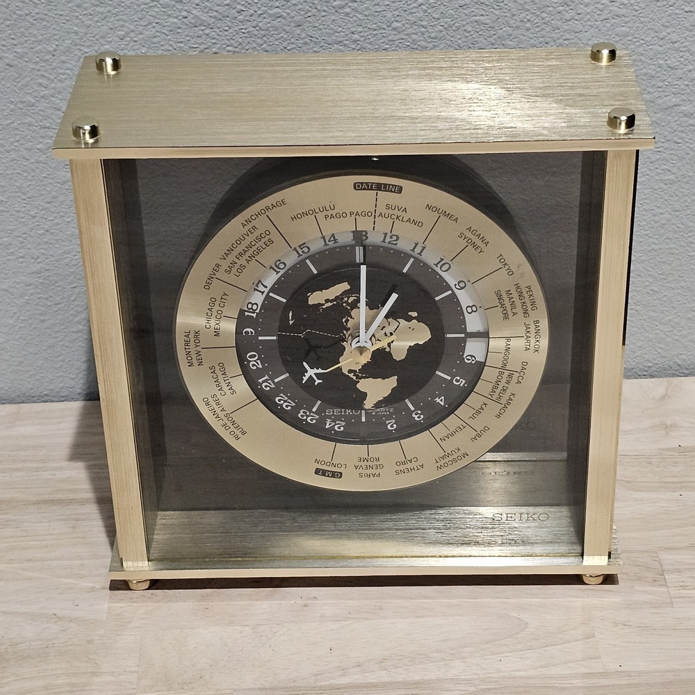 Seiko Quartz World Time Desk Clock Brass Glass Case Rotating Dial Vintage
